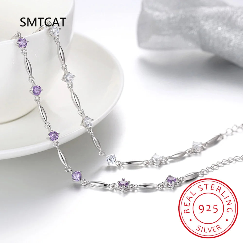 Round Natural Amethyst 925 Sterling Silver Bracelet for Women Fashion Purple Gemstone Statement Jewelry Pulseiras De Prata