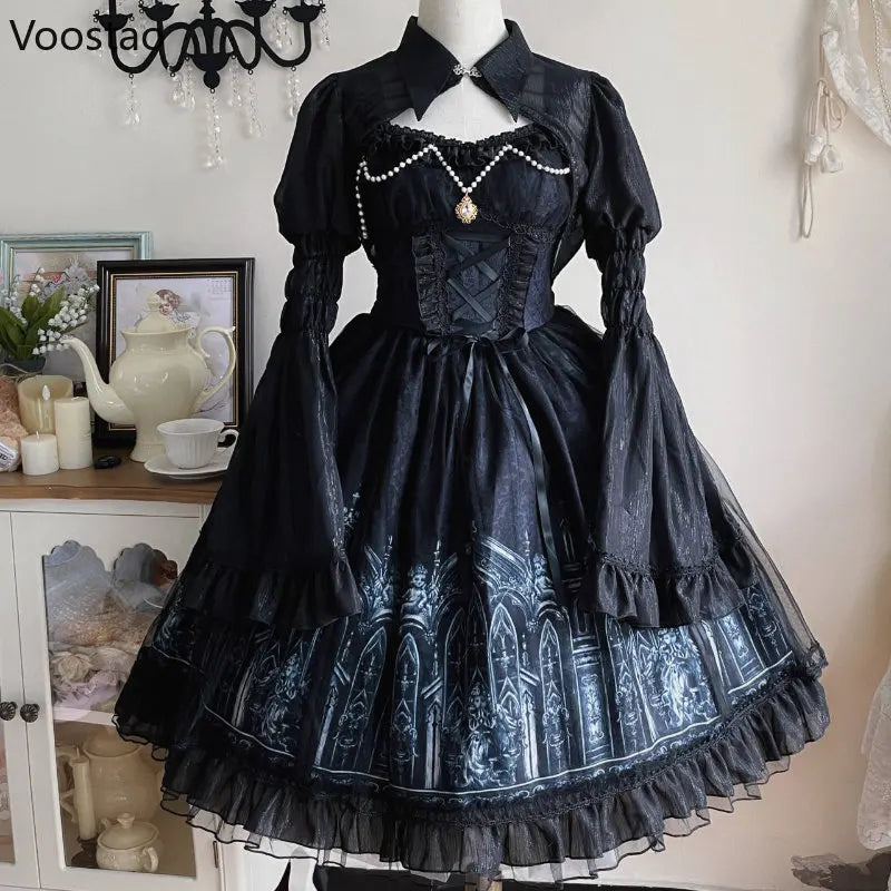 Japanese Gothic Lolita Dress Women Victorian Dark Print Long Sleeve Mesh Shawl Dress Girls Harajuku Y2K Punk Tea Party Dresses