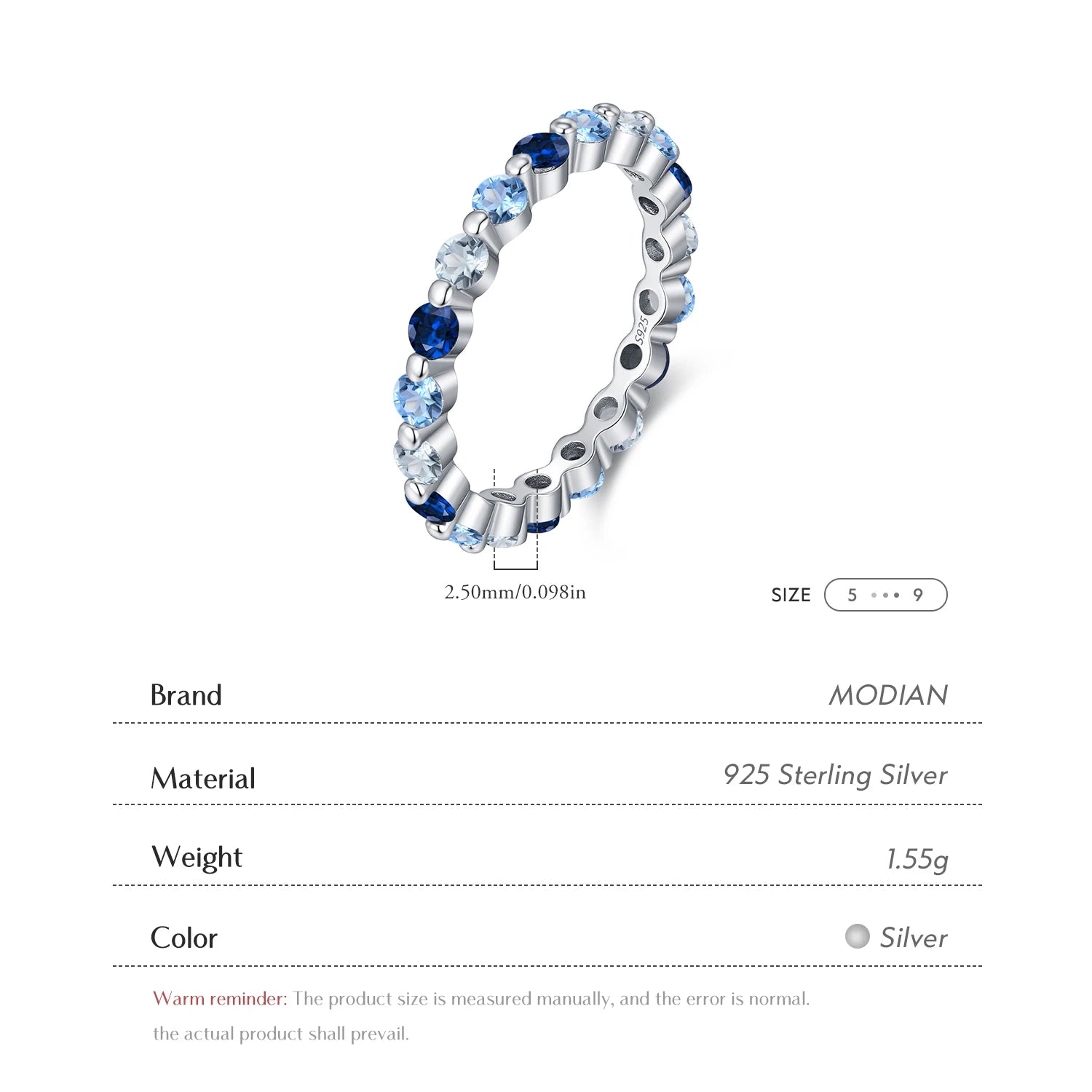 MODIAN 925 Sterling Silver Trendy Sparkling Gradient Blue Round CZ Stacking Eternity Band Rings For Women Fine Jewelry