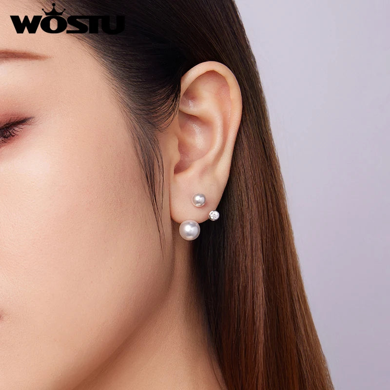 WOSTU 925 Sterling Silver Original Front-Back Pearl Zircon Stud Earrings For Women Daily Wear Fine Jewelry Gift
