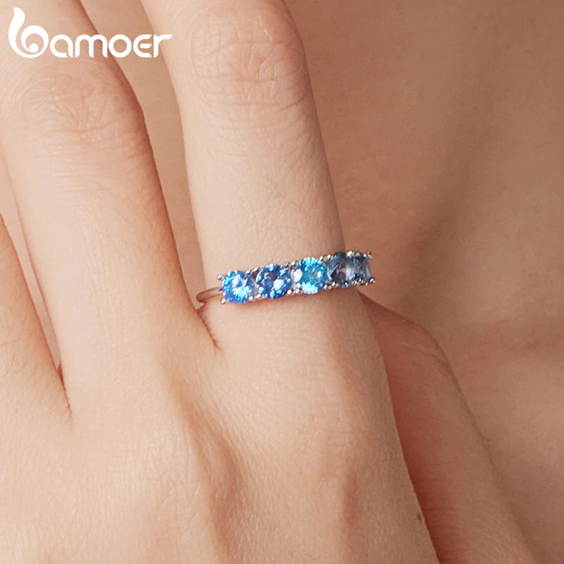 BAMOER 925 Sterling Silber Transparenter, meerblauer runder Halb-Ewigkeitsring mit Zirkonia-Besatz – das perfekte Geschenk für Damen und Teenager zum Geburtstag oder zur Party