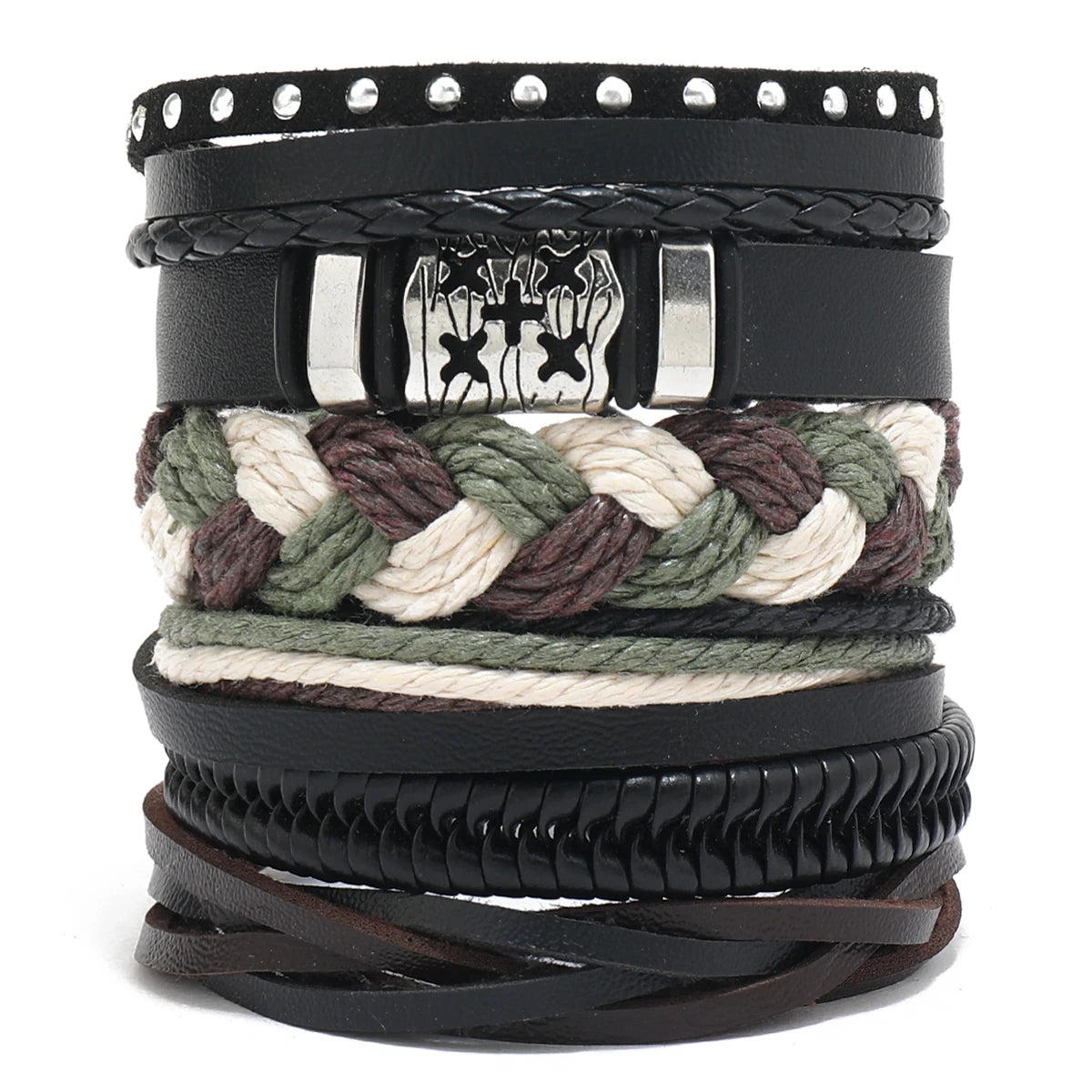 Fashion Black Skull Multi-layer Beaded Hand Leather Bracelet for Men Set Adjustable DIY Leather Winding Hand Rope