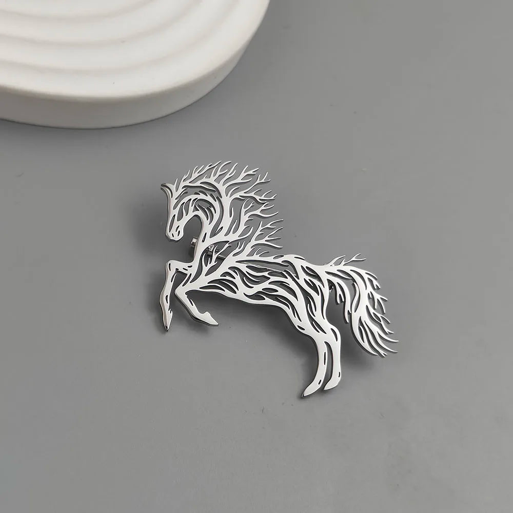 Original design branch running horse stainless steel gold-plated 18K brooch, suit lapel pin, men's formal dress accessories