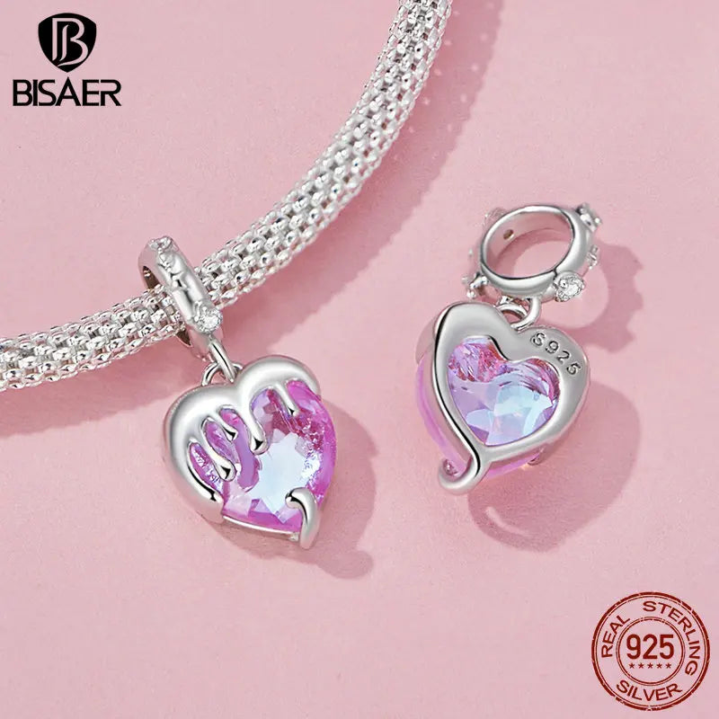 BISAER 100% 925 Sterling Silver Maiden Heart Charm Bead Pendentif Trèfle à Quatre Feuilles Rose Fit Lucky Woman DIY Bracelet Fine Jewelry