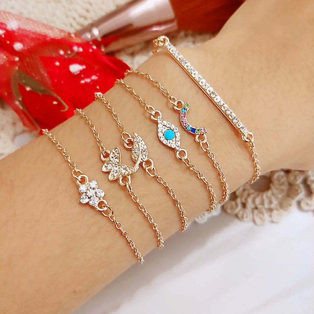 Trendy Geometric Link Chain Bracelet Set For Women Rhinestones Gold Color Leaves Heart Pendant Open Cuff Bangle Girls Jewelry - Madeinsea©