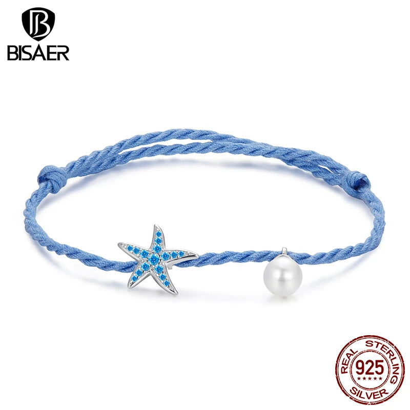 BISAER 925 Sterling Silver Bule Starfish Pearl Bracelet Simple Bracelets for Women Charms Beads DIY Fine Jewelry Holiday Gift