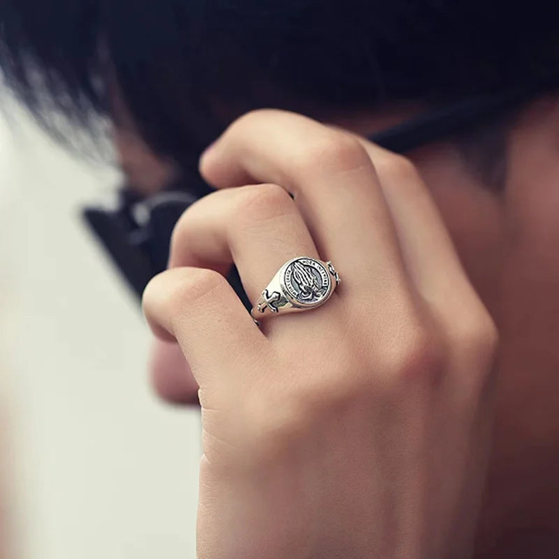 Retro Praying Hands Ring For Men Silver Color Street Punk Gothic Adjustable Ring Handmade Jewelry Biker Accessories Man Gift