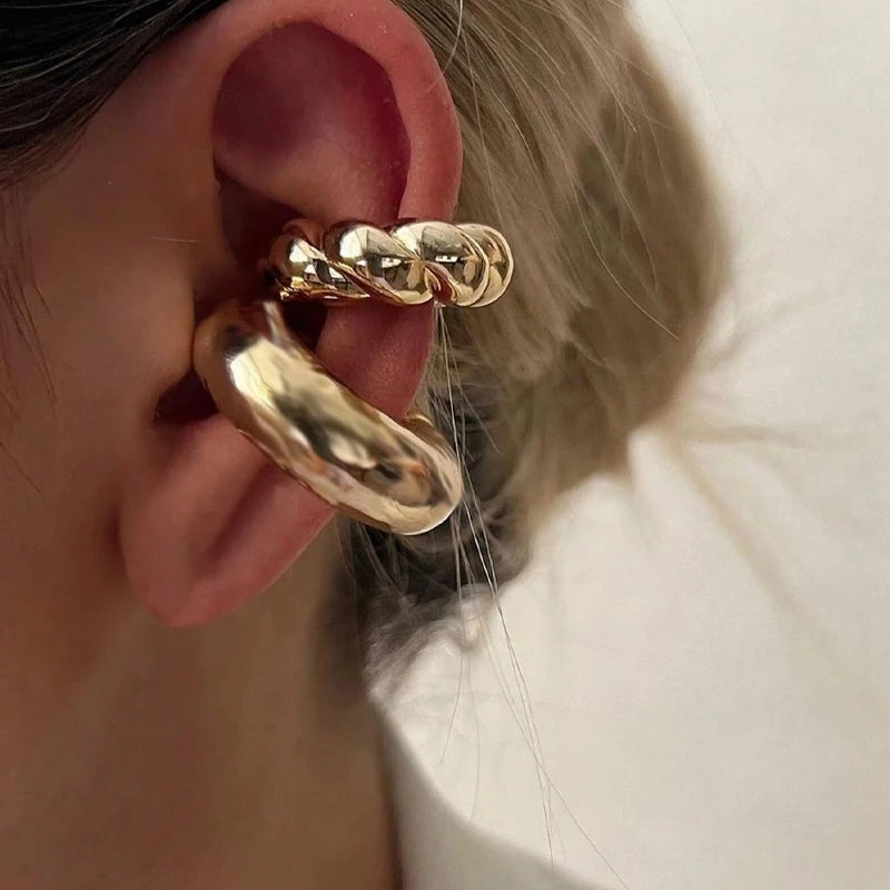 New Exaggerated Wide Clip-On Earrings Set For Women Simple Gold Color Copper Metal Earring Daily Wear Vacation Jewelry Gift