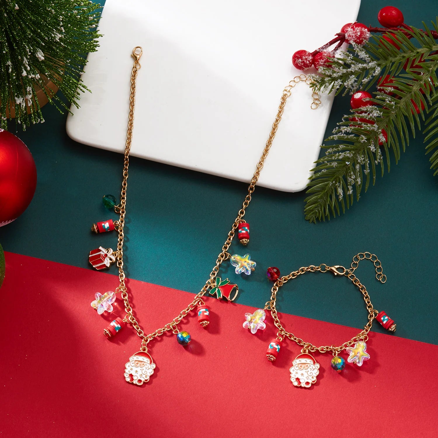 Exquisite Christmas Necklace Bracelet Set For Women Golden Chain Snowflake Santa Claus Elk Xmas Tree Jewelry Party Festival Gift