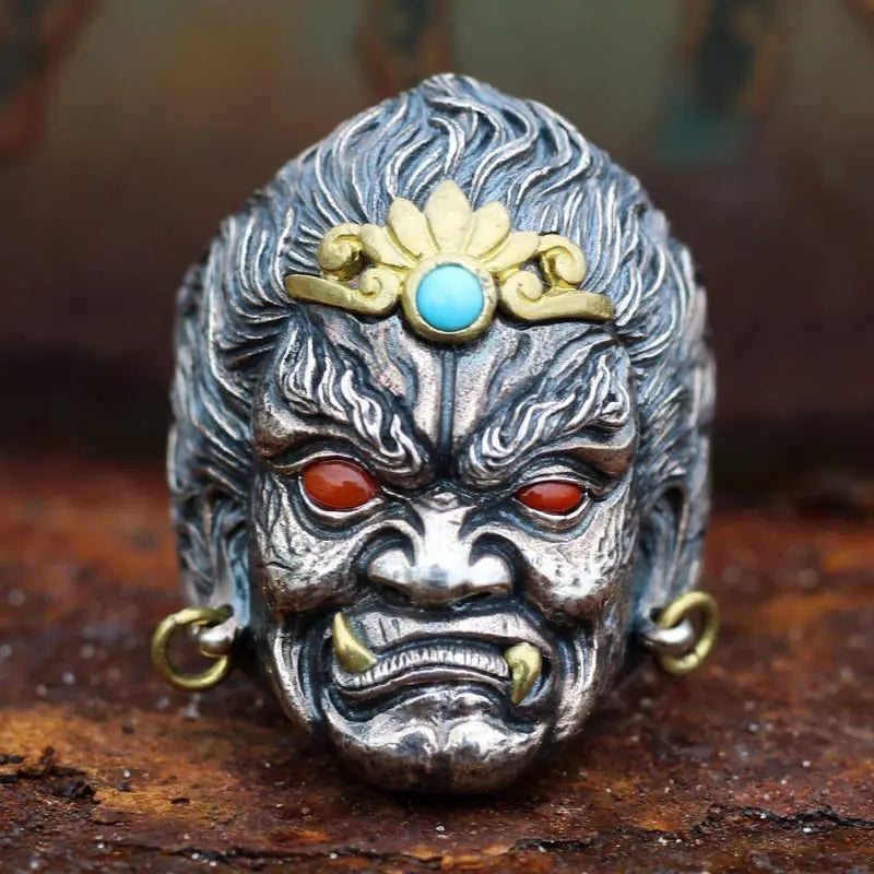 Retro Poseidon Compass Ring Silver-Plated Hexagram Opening Adjustable Ring Men and Women Hip-Hop Trend Jewelry Gift