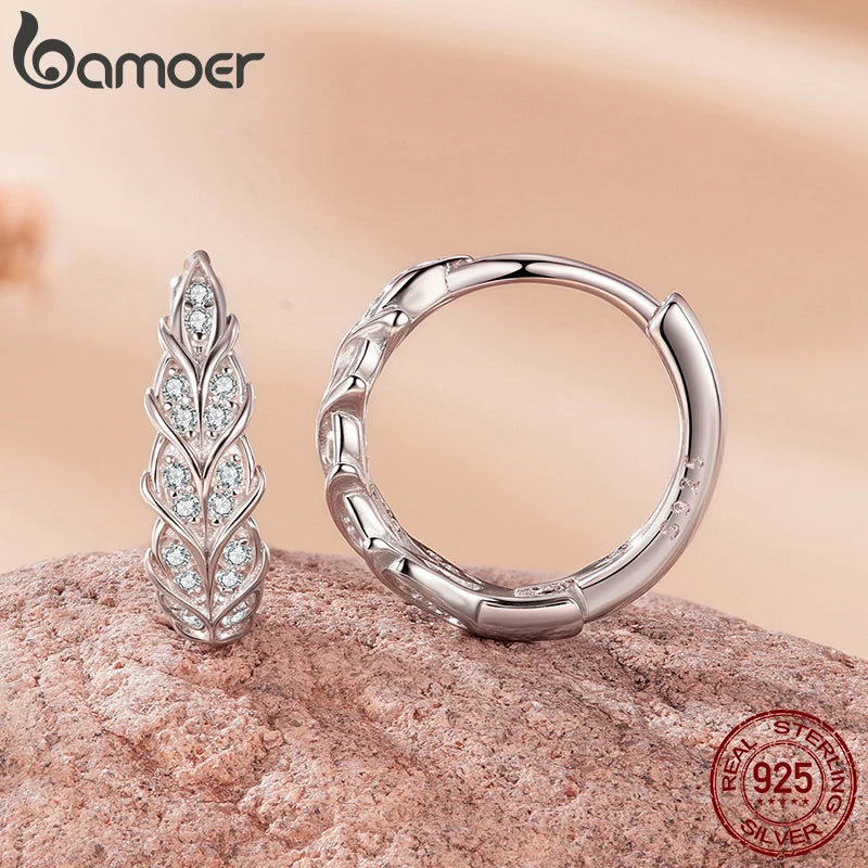 BAMOER 925 Sterling Silver Wheat Hoop Earrings for Women, Full Zircons Feather Shape Earrings Lightweight Shining Jewelry Gift