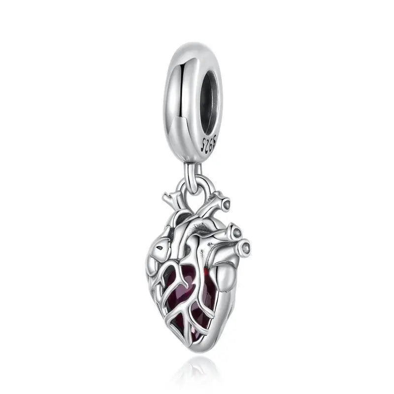 WOSTU 925 Sterling Silver Anatomical Skull Charms Red Heart Pendant Murano Glass Beads for Bracelet Making, DIY Jewelry Findings