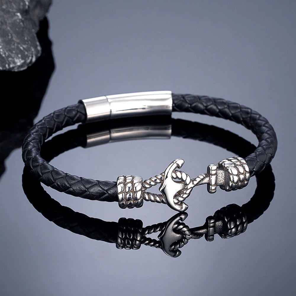 Bracelet MKENDN Classique Homme Ancre, Bracelet en Cuir Tressé Multi-couches, Bracelet Femme en Acier Inoxydable, Bijou de style marin, Cadeau