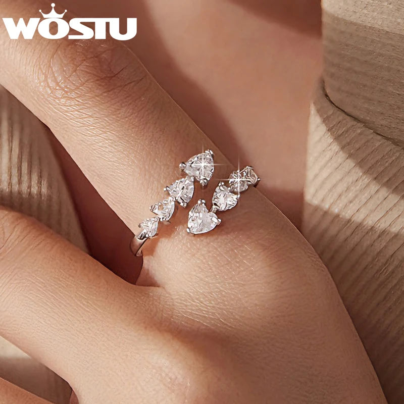 WOSTU 925 Silber Herz-Verlobungsring, funkelnder Zirkonia-Ring, offener stapelbarer Liebesring, minimalistisches Geschenk zum Valentinstag und Jahrestag für sie