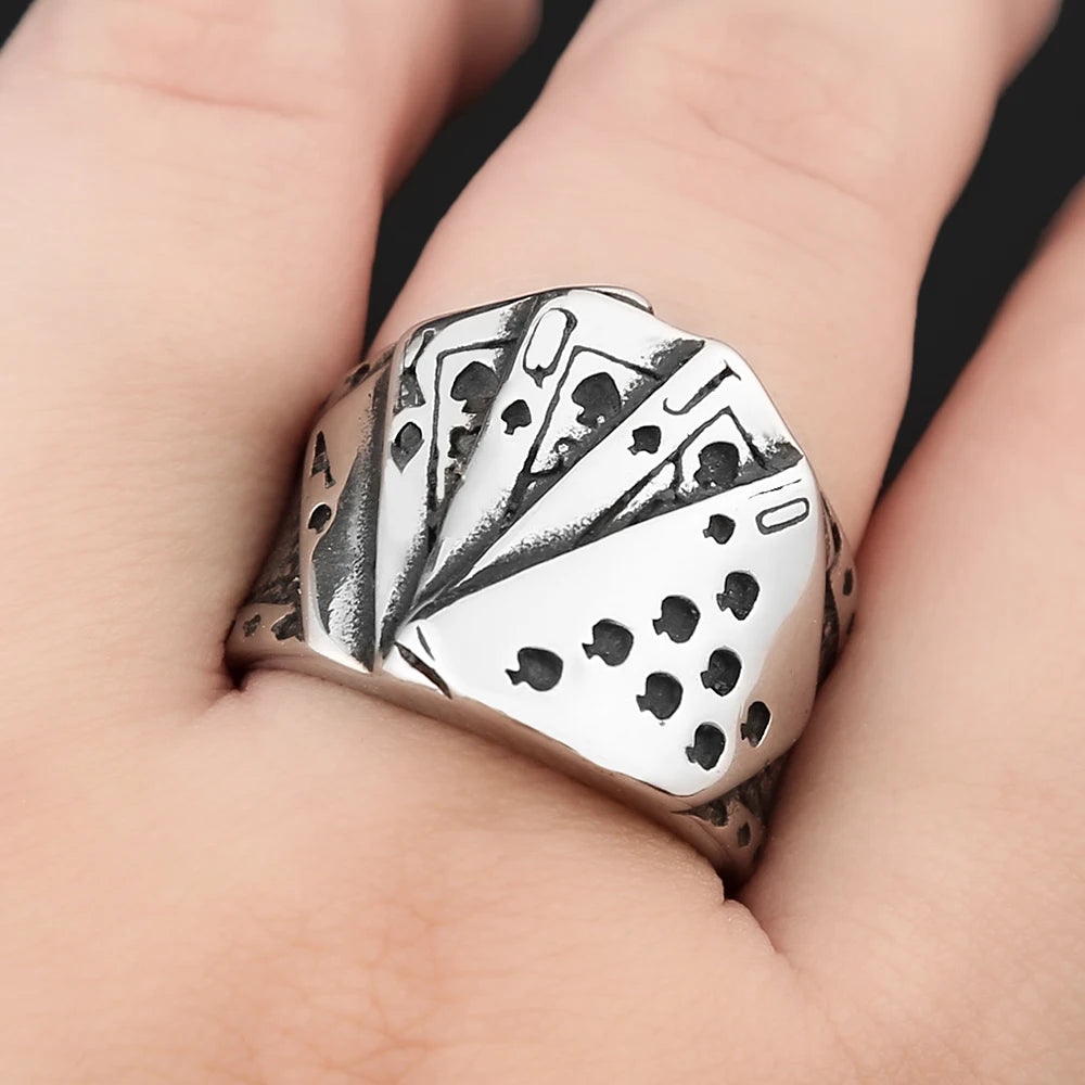 Vintage Stainless Steel Lucky Poker Rings For Men Women Hip Hop Biker Playing Card Finger Ring Fashion Party Jewelry Accessories