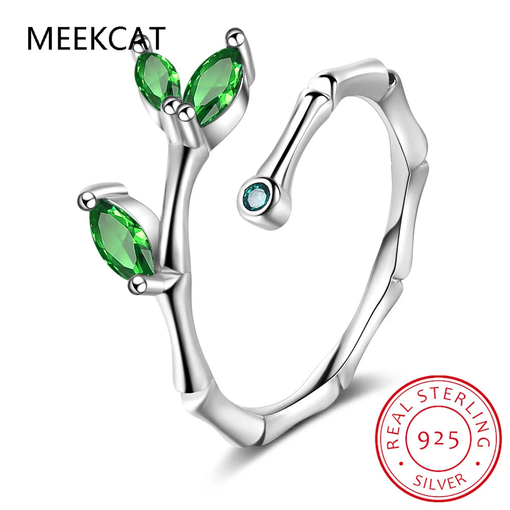 Leaves Simulated Nano Emerald 925 Sterling Silver Slub Open Ring for Women Statement Green Gemstone Fine Jewelry Anillos