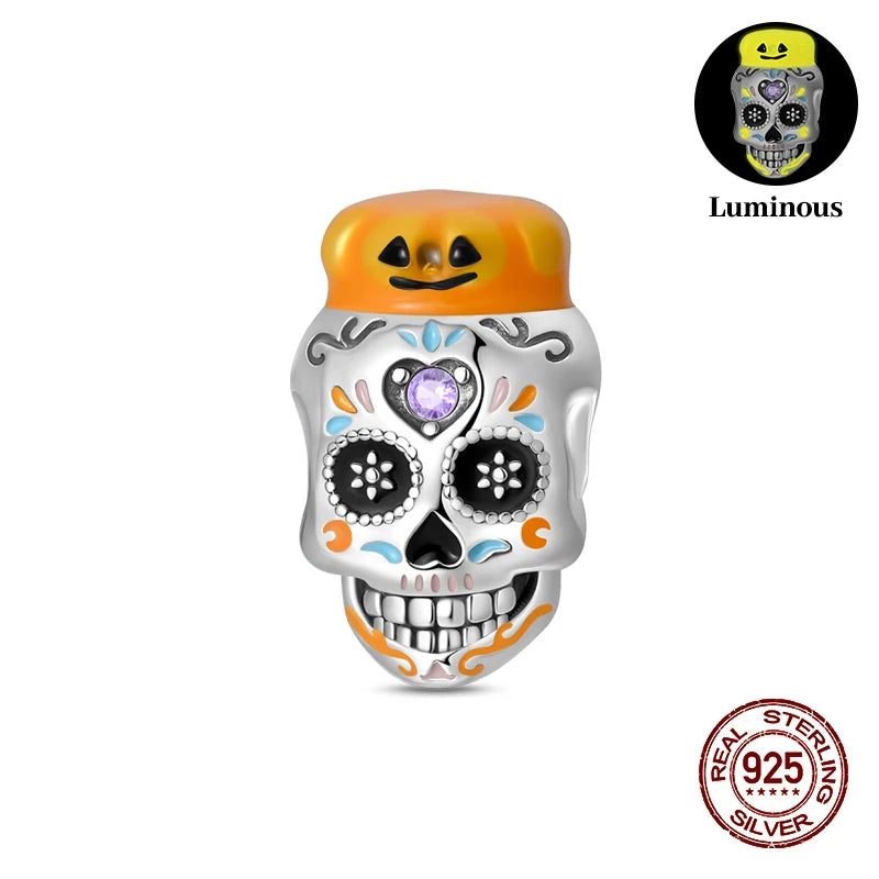 New 925 Sterling Silver Luminous Halloween Skull Witch Pumpkin Candy Charms Beads Fit 3mm Original Bracelets Party Jewelry