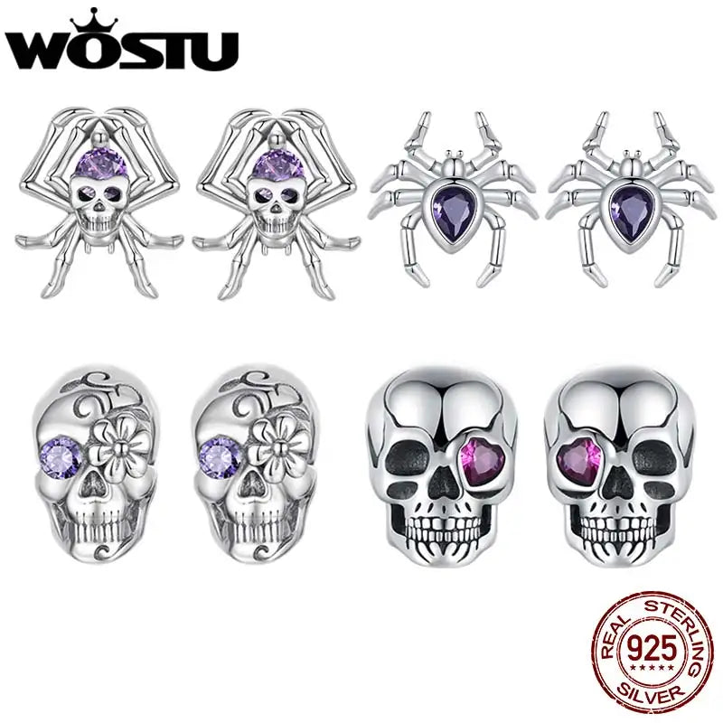 WOSTU 925 Sterling Silver Vintage Skull Stud Earrings For Women, Purple Rose Heart Zircon Punk Spider Ear Studs Halloween gift