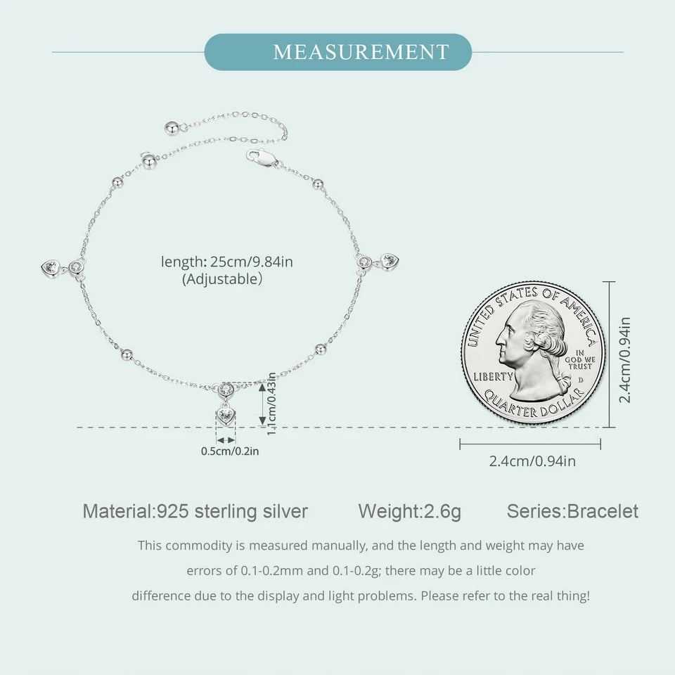 BISAER 925 Sterling Silver Heart Fringe Anklets Réglable Chain Anklets Plaqué Or Blanc Pour Femmes Fête Fine Jewelry Vacances