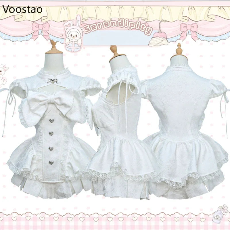 Gothic Y2k Mini Dress Shorts Set Women Sweet Ruffles Lace Bow Patchwork Cake Dress Skirts Suits Female Korean Streetwear Outfits