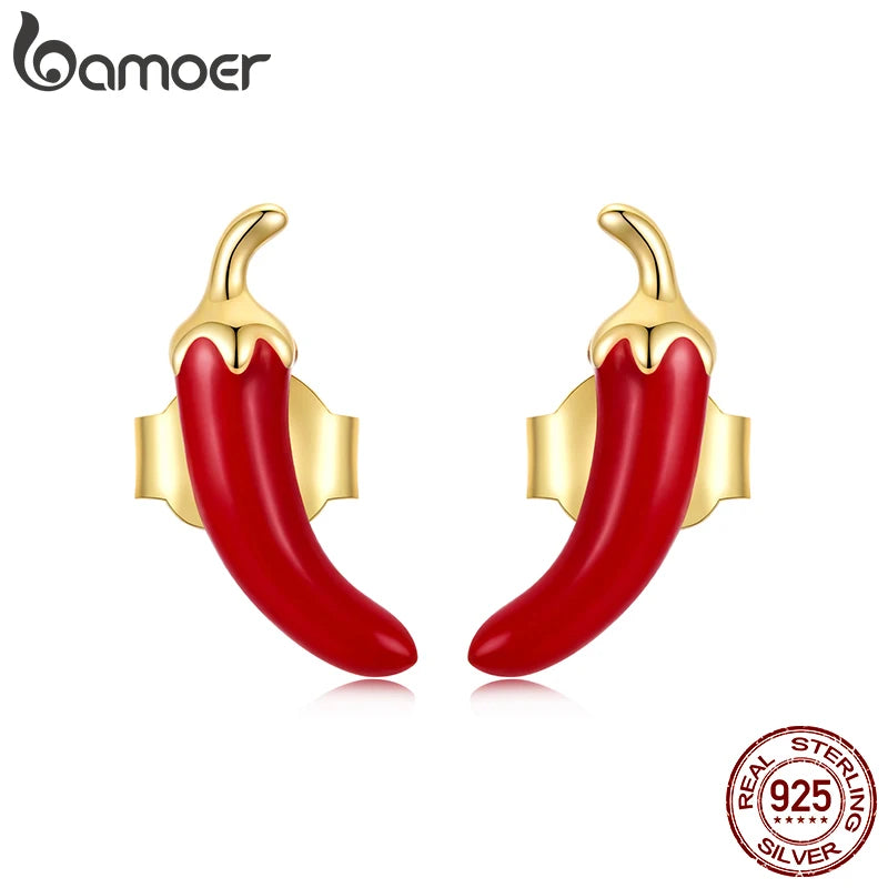 BAMOER 925 Sterling Silver Red Enamel Colored Chili Pepper Cherry Stud Earrings for Women Gold Plated Cartilage Piercing Jewelry
