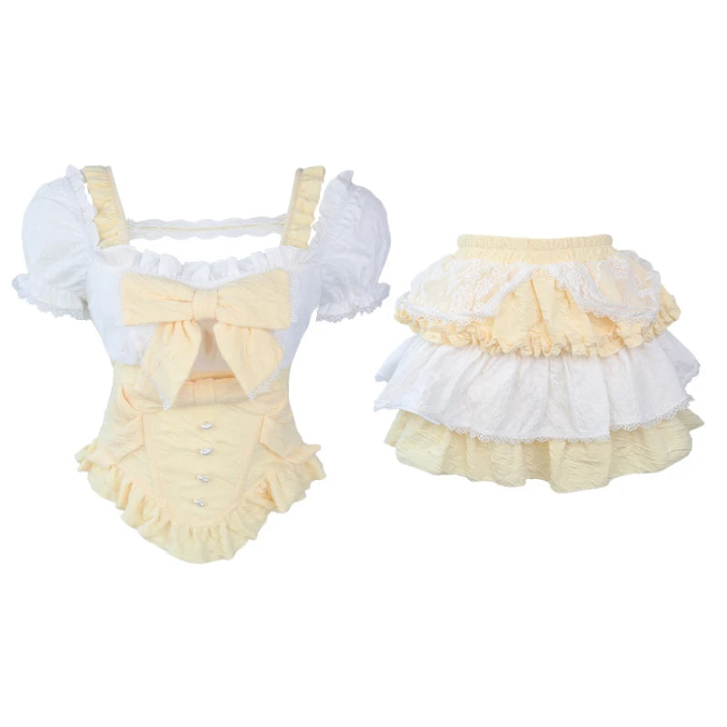Sweet Lolita Style Skirt Set Women Kawaii Lace Ruffles Bow Slim Blouse Cute Mini Cake Skirts Suits Female Korean Y2k 2 Piece Set