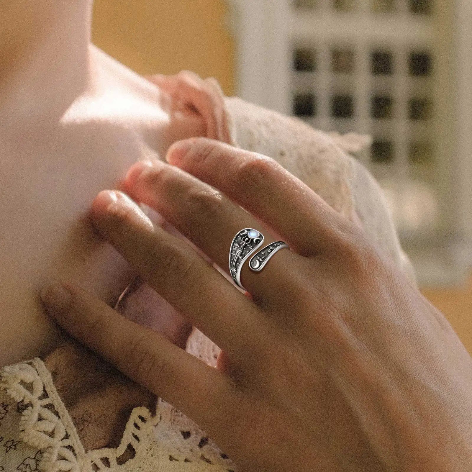 Eudora 925 Sterling Silver Triple Moon Goddes Adjustable Ring Moonstone Hecate Amulet Spoon Ring Vintage Jewelry Gift for Women