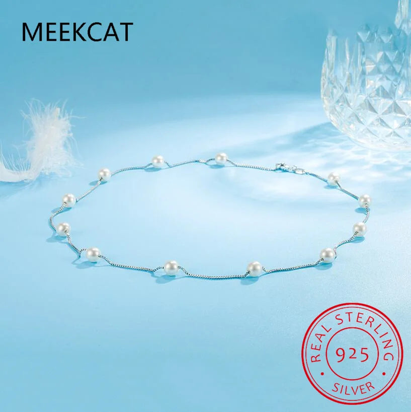 Real 925 Sterling Silver Natural Freshwater Pearl Charm Necklace Choker Short Chain Necklace Jewelry Wedding Accessories D9320