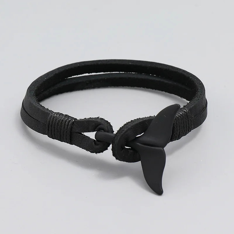 MKENDN Vintage Black Whale Tail Genuine Leahter Bracelet Men Women Fashion Beach Jewelry Summer Punk Style