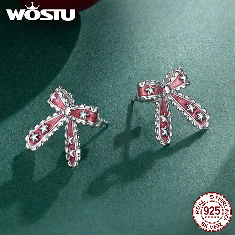 WOSTU Solid 925 Sterling Silver Silver Red Bow Earrings with Stars, Cute Xmas New Year Gift