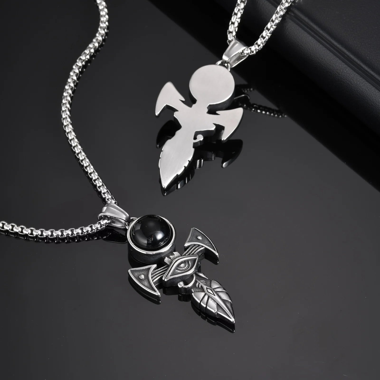 Vnox Gothic Herus Eye Pendant Necklaces, Mens Ankh Cross Pendant, Hammer Pendant with Black Agate Stone, Punk Devil Jewelry