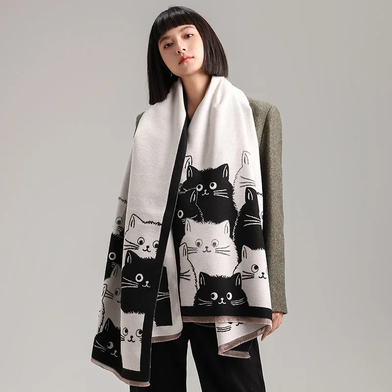 New Fashion Brand Cute Cat Ladies' Jacquard Pashmina Cashmere Scarf Winter Thick Warmth Shawl Coldproof Windproof Blanket Scarf - Madeinsea©