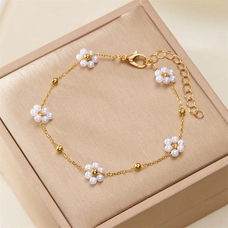 Korean Cute Flower Bracelet For Women Girls Exquisite Imitation Pearl Metal Beads Chain Wristband Party Minimalist Jewelry Gifts
