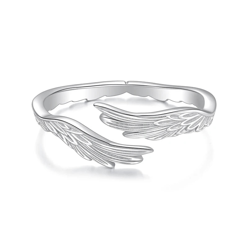 WOSTU Angel Wing Adjustable Ring for Women, 925 Sterling Silver Open Band Feather Rings Detail Jewelry Unique Party Gift New