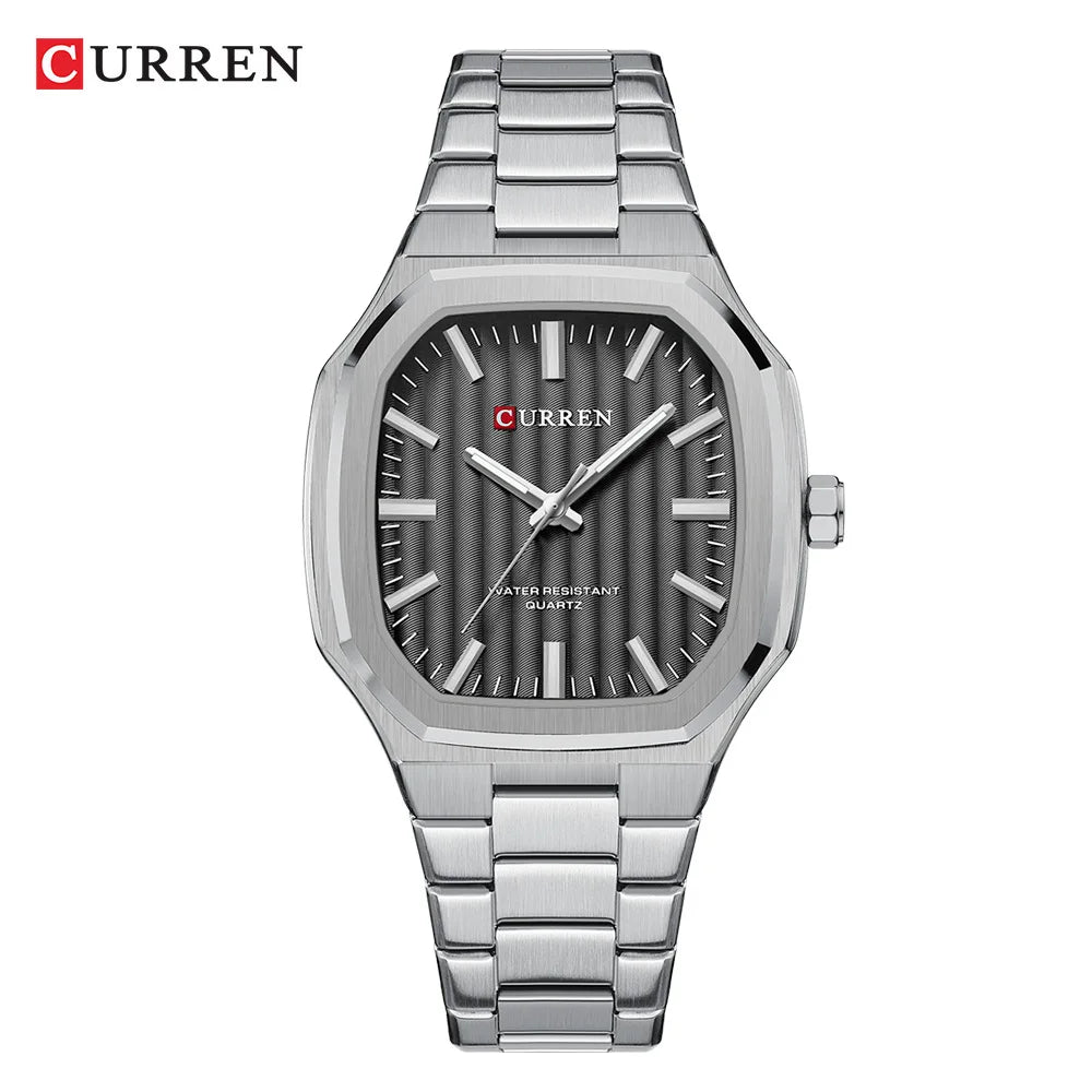 CURREN Luxury Business Square Quartz Watches  Classic Stripe Design Dial with Stainless Steel Band Wristwatch for Men