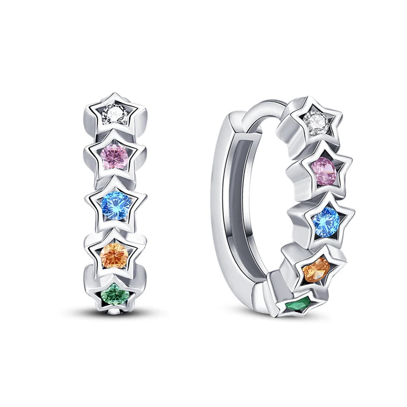 Original Cute 925 Silver Sparkling Colorful Zircon Pink Heart Shape Star Moon Earrings For Women Wedding Engagement Jewelry Gift