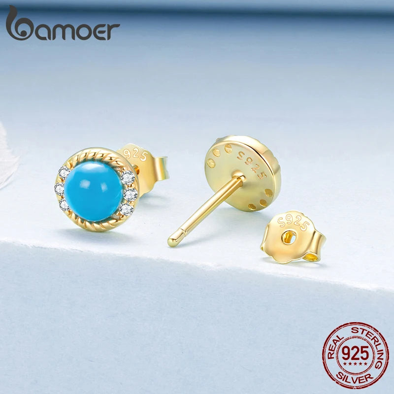 BAMOER Ohrstecker aus 925 Sterling Silber mit Türkis-Halo und Zirkonia-Besatz für Damen und Mädchen, Vintage-Ohrringe, vergoldet