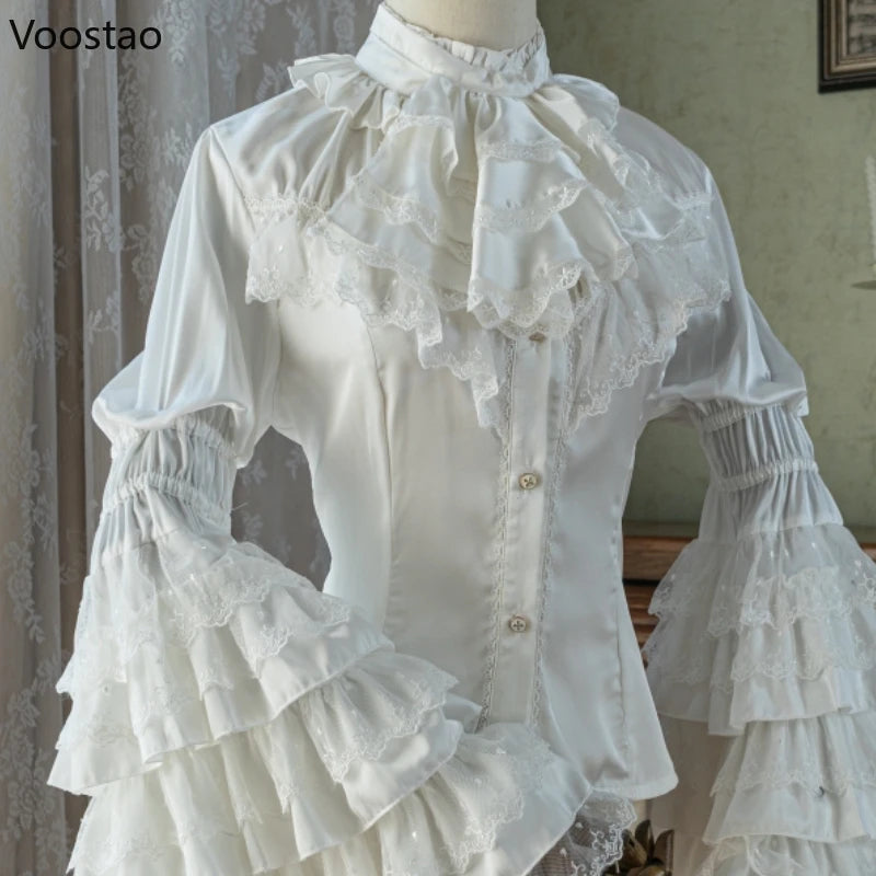 Victorian Elegant Lolita Style Shirts Japanese Women Vintage Gothic Lace Ruffles Flare Long Sleeve Blouses Sweet Y2k Slim Tops - Madeinsea©