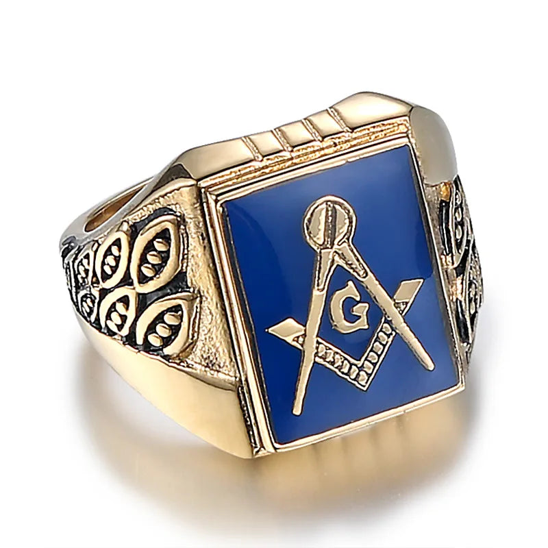 Classic Blue Masonic Ring Stainless Steel Freemasonry Compass Mens Jewelry
