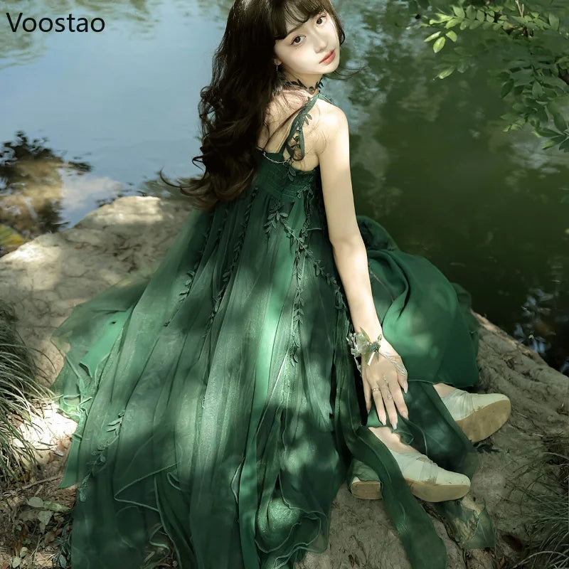 Sweet Lolita Jsk Dress Women Elegant Green Butterfly Embroidery Cane Vine Design Suspender Princess Dresses Cosplay Party Dress