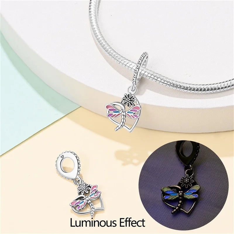 100% 925 Sterling Silver Dragonfly Butterfly Luminous Insect Charms Beads Fit 3mm 925 Original Bracelets DIY Party Jewelry