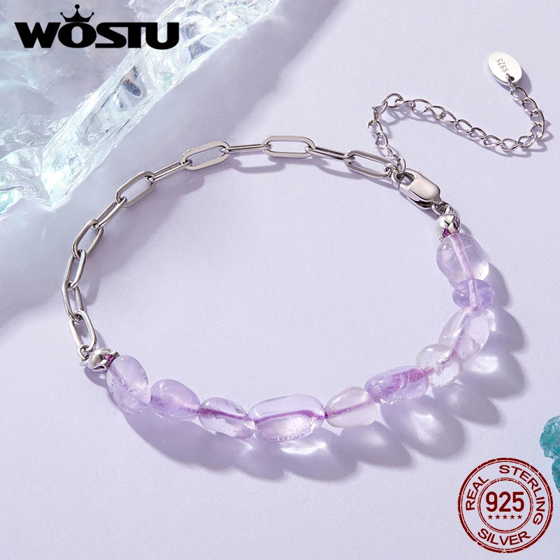 WOSTU 925 Sterling Silver Crystal Bracelet Blue Purple Heart Bangle  For Women Wedding Gift Fine Jewelry