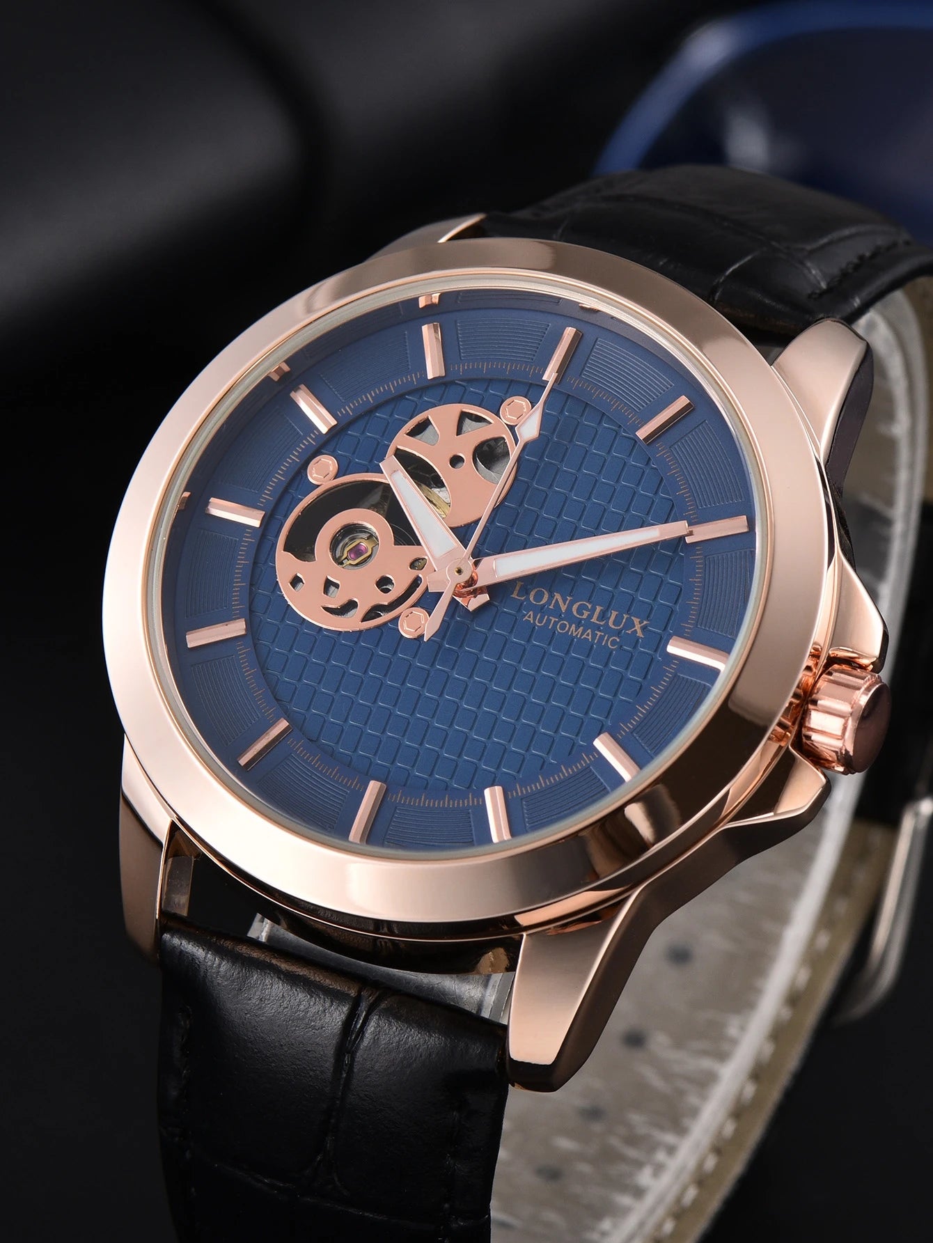 LONGLUX automatic watch Luxury elegant retro skeleton waterproof mechanical watches rose gold leather mens watch gift for you