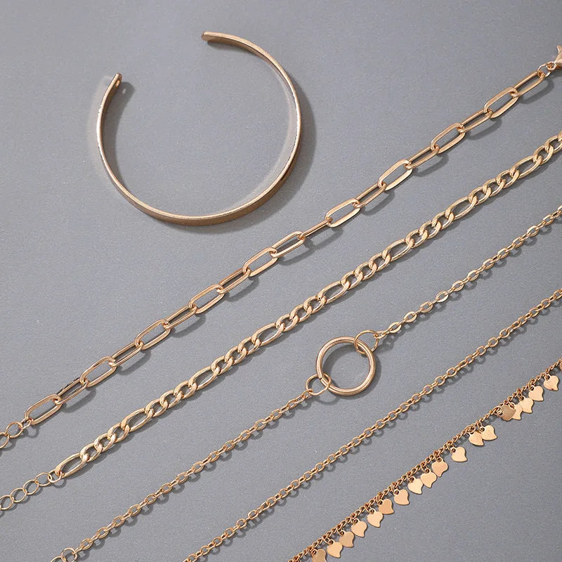 Boho Gold Color Link Chain Bracelet Set For Women Geometric Round Circle Tassel Charm Open Bangle Female Jewelry