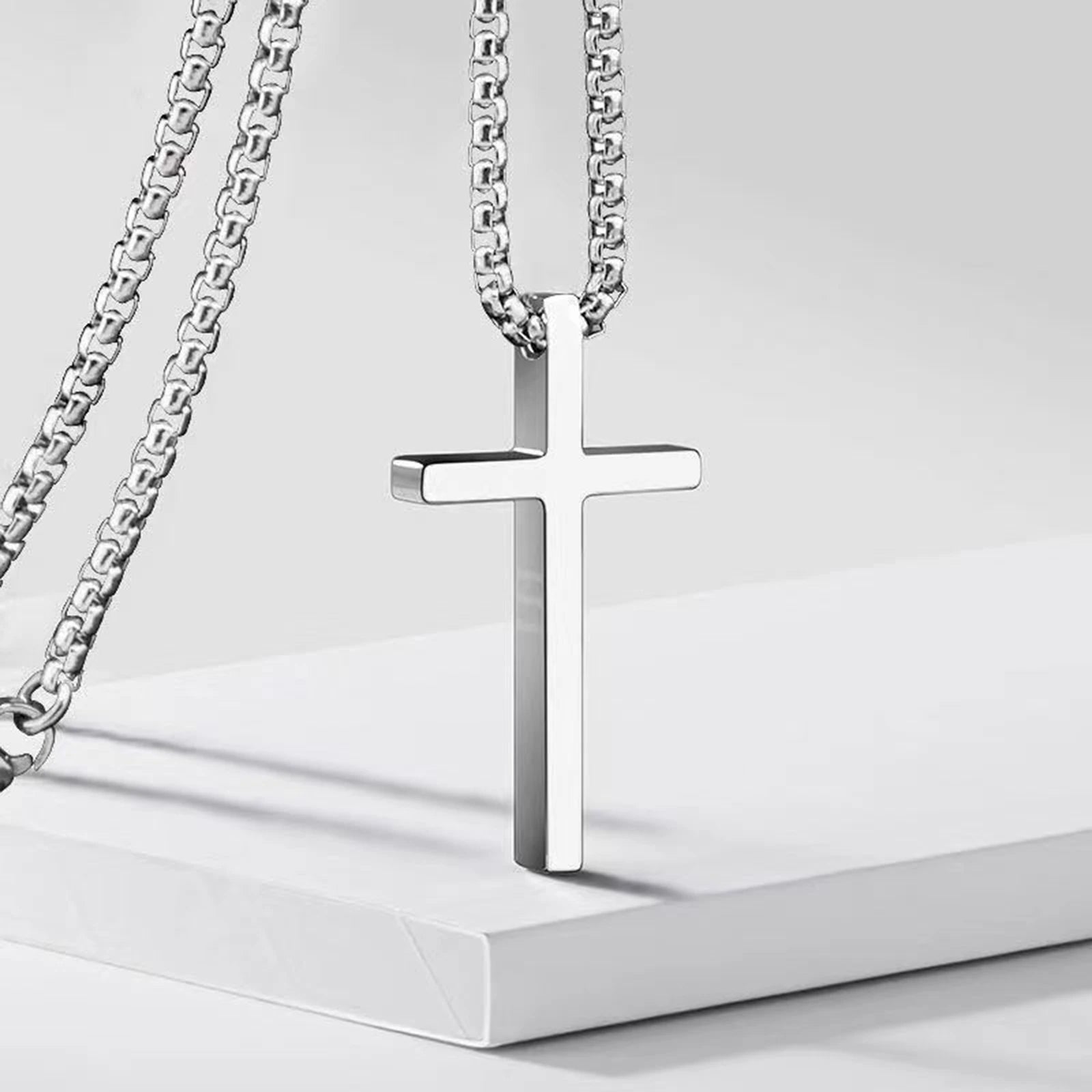 Vnox Cross Necklace for Men Women, Silver Color Plain Cross Pendant Collar with Stainless Steel Box Chain - Madeinsea©