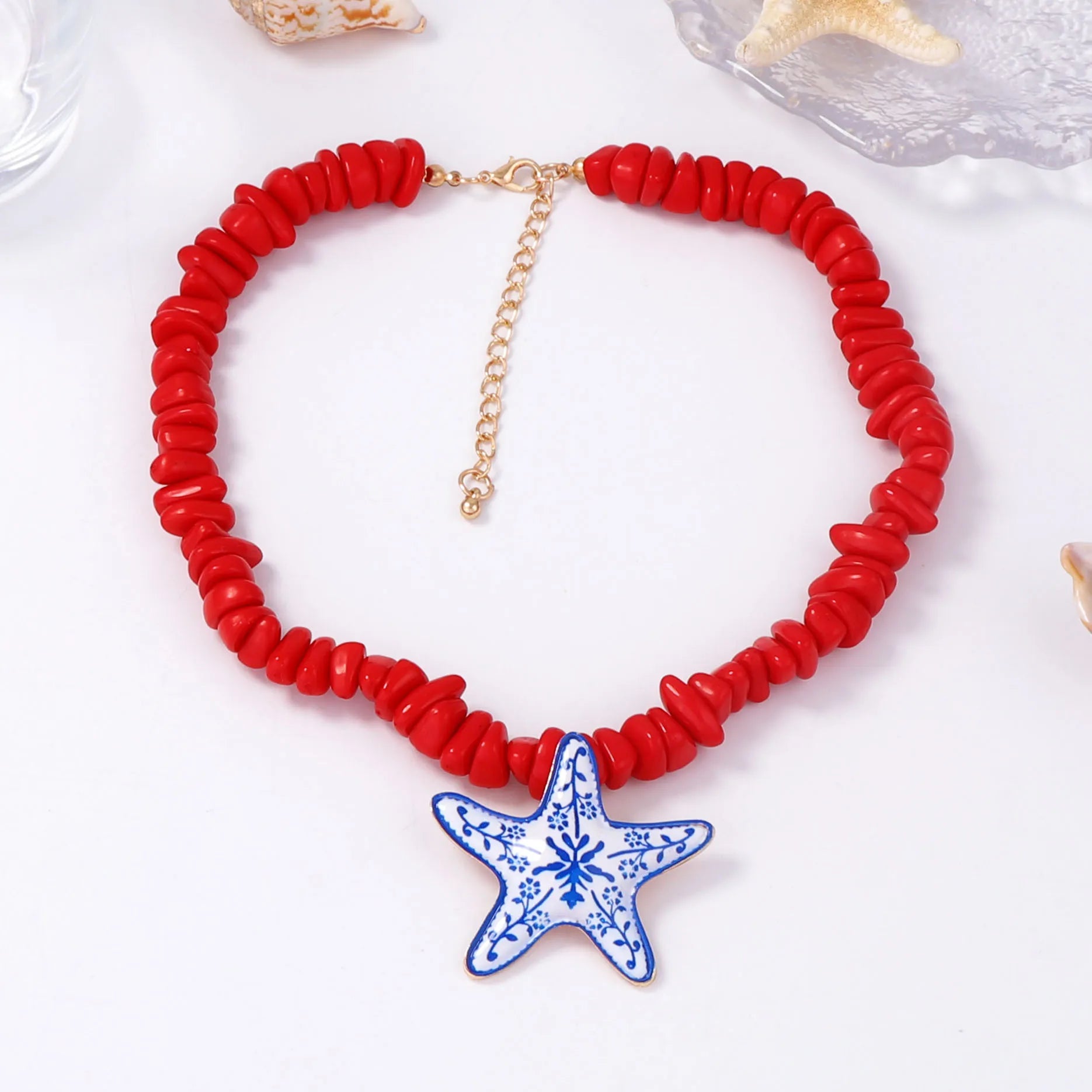 Collier tendance et décontracté style vacances à l'océan, perles en alliage de céramique et étoile de mer