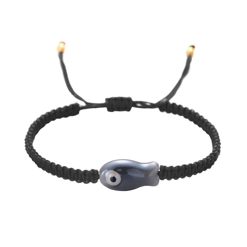 Handgeflochtenes schwarzes Seilarmband für Damen, bunte Keramikfische, verstellbares geflochtenes Armband, böhmischer Freundschaftsschmuck