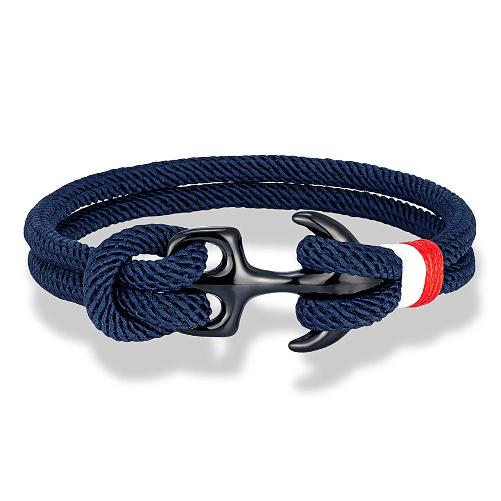 MKENDN Schwarzes Ankerarmband für Damen und Herren, zweireihiges Armband aus nautischem Seil, Sportschließe aus Edelstahl, maritimer Schmuck