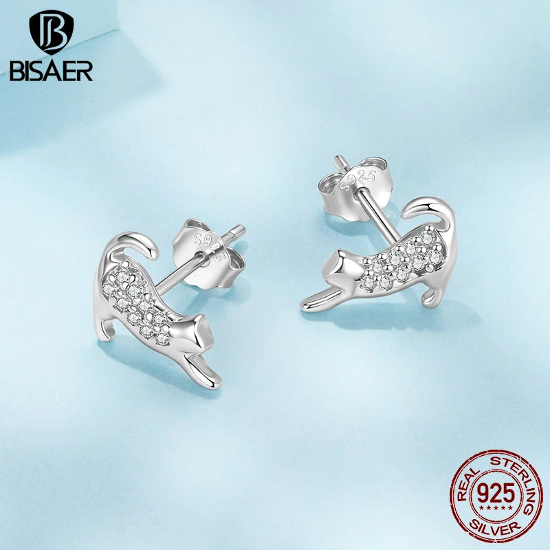 BISAER 925 Sterling Silver Cute Cat Stud Earrings Pet Dog Hypoallergenic Earrings Plated White Gold for Women Fine Jewelry Gift