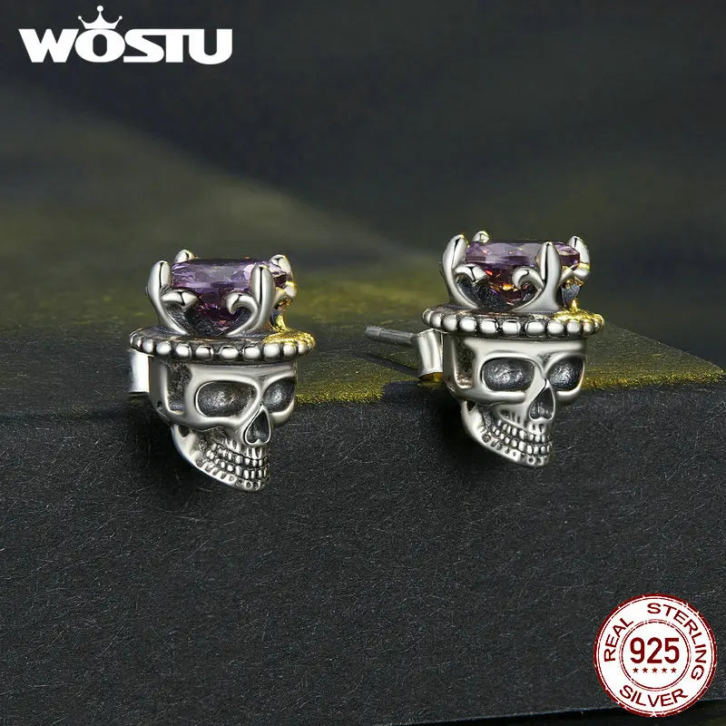 WOSTU 925 Sterling Vintage Silver Punk Jewelry Skull Crown Stud Earrings Women Carved Purple Zircon Personalized Hip Hop Gift